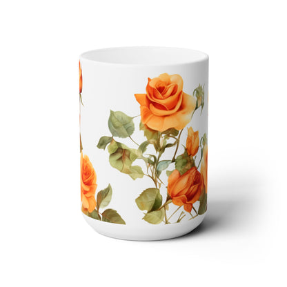 Blooming Elegance, Custom Orange Rose Mug 15oz, Coffee Cup, Custom Design, Flowers, Spring, Great Gift