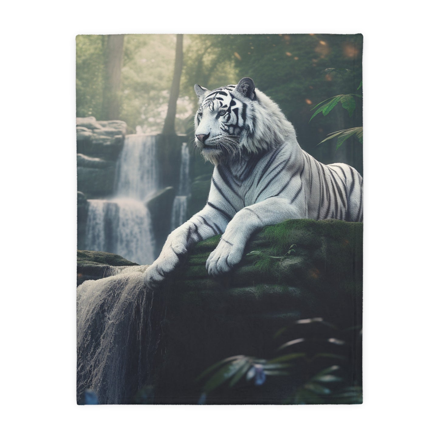 Velveteen Minky Blanket, Two-sided print, Comfortable, Artistic, Custom Made, Bed, Bedroom, White Tiger, Waterfall, Blankie, Soft Material