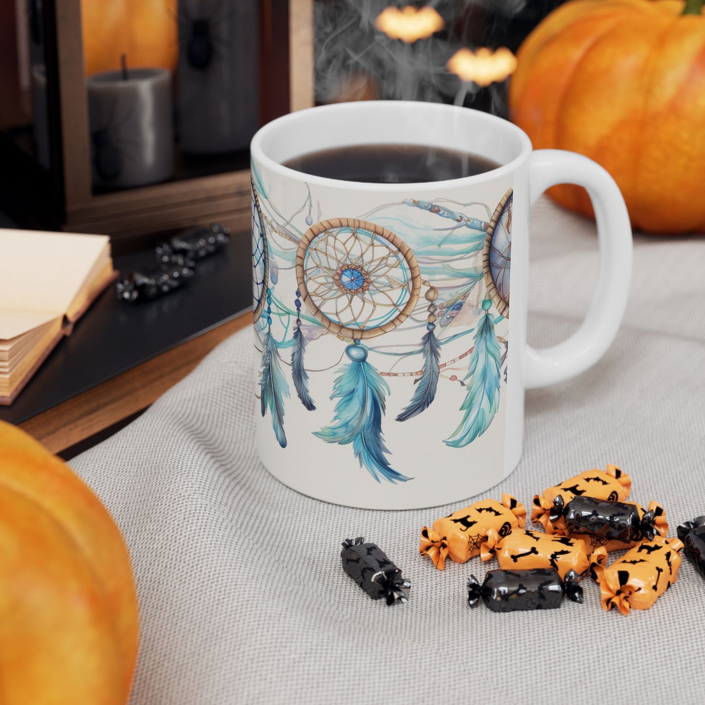 Blue Dreamcatcher, Ceramic Mug 11oz, Coffee Cup, Unique Art, Custom Designed Art, Great Gift, Indian Inspired Art