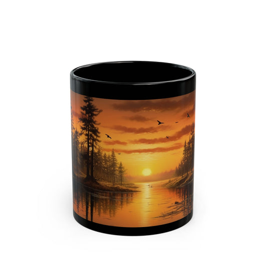 Sunrise, Art, Lake, Forest 11oz Black Mug, Custom Design, Artwork, Coffee cup, Gift,