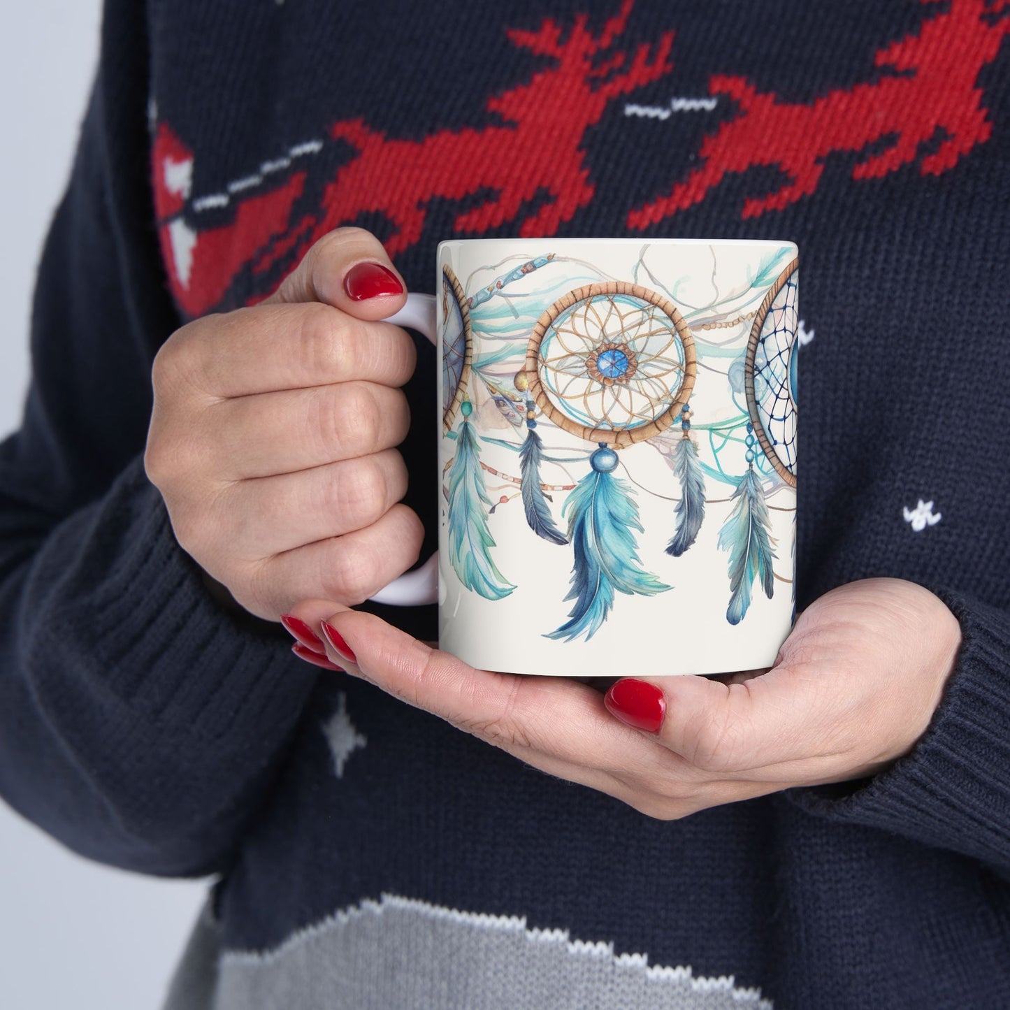 Blue Dreamcatcher, Ceramic Mug 11oz, Coffee Cup, Unique Art, Custom Designed Art, Great Gift, Indian Inspired Art