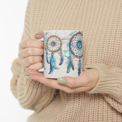 Blue Dreamcatcher, Ceramic Mug 11oz, Coffee Cup, Unique Art, Custom Designed Art, Great Gift, Indian Inspired Art