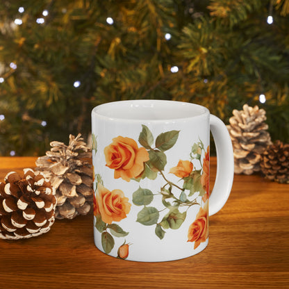 Blooming Elegance, Custom Orange Rose Mug 15oz, Coffee Cup, Custom Design, Flowers, Spring, Great Gift