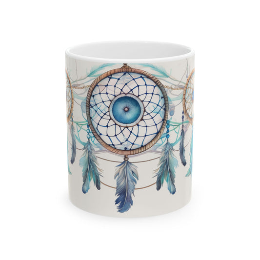 Blue Dreamcatcher, Ceramic Mug 11oz, Coffee Cup, Unique Art, Custom Designed Art, Great Gift, Indian Inspired Art