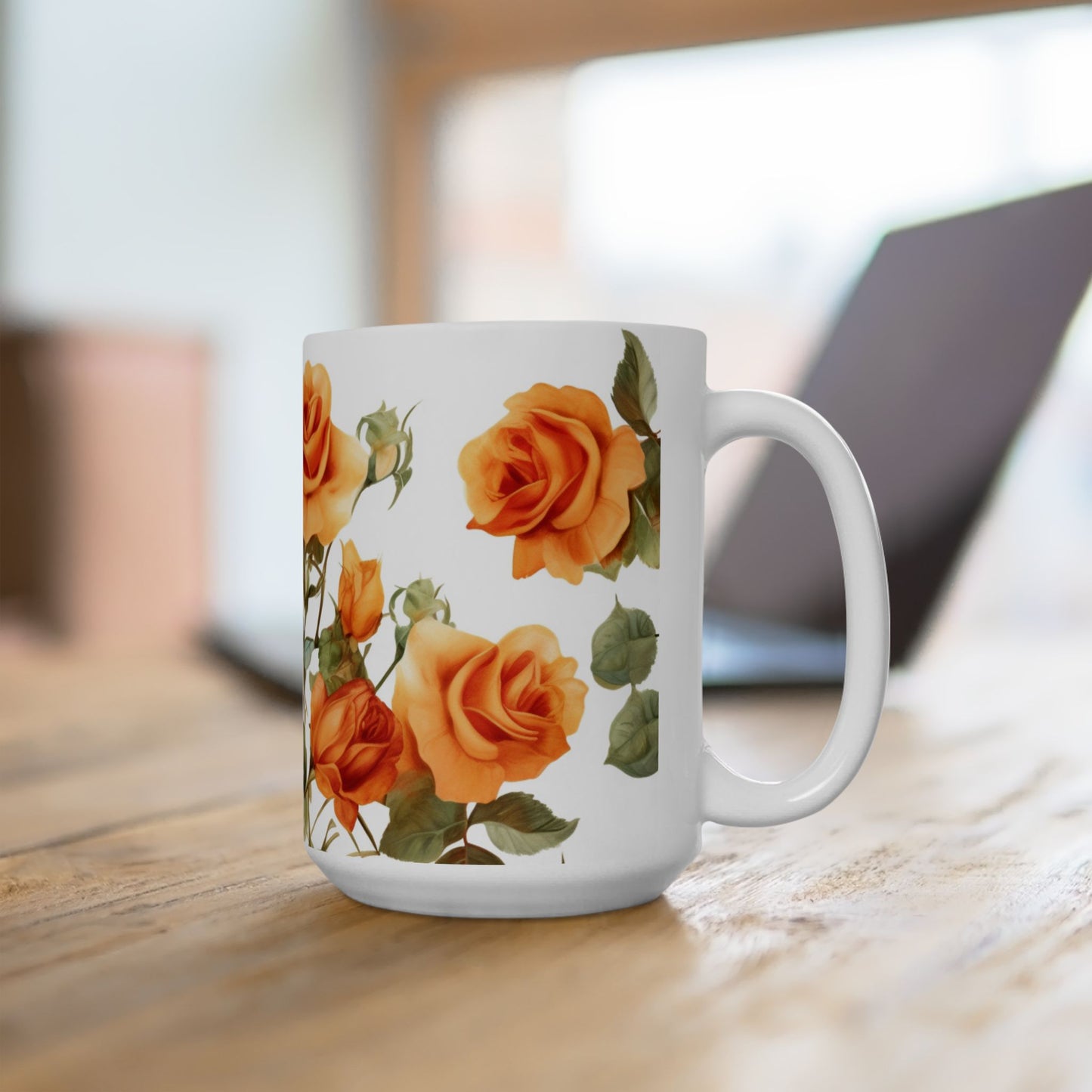 Blooming Elegance, Custom Orange Rose Mug 15oz, Coffee Cup, Custom Design, Flowers, Spring, Great Gift