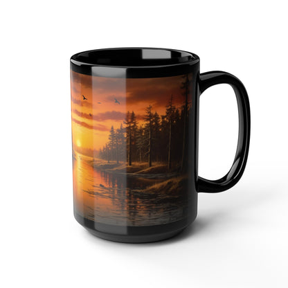 Sunrise, Art, Lake, Forest 11oz Black Mug, Custom Design, Artwork, Coffee cup, Gift,