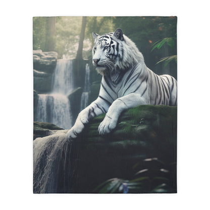 Velveteen Minky Blanket, Two-sided print, Comfortable, Artistic, Custom Made, Bed, Bedroom, White Tiger, Waterfall, Blankie, Soft Material