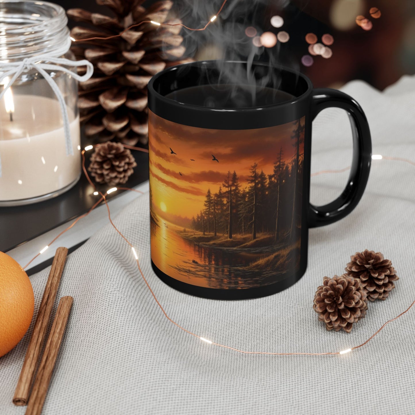 Sunrise, Art, Lake, Forest 11oz Black Mug, Custom Design, Artwork, Coffee cup, Gift,