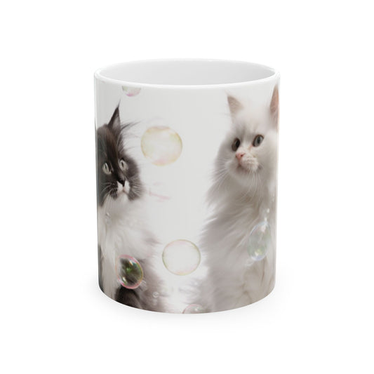 Cute Cats,  and Bubbles, Ceramic Mug 11oz, Coffee Cup, Original Design, Art, Gift, Kittens, Custom Design, Tea cup