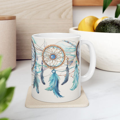 Blue Dreamcatcher, Ceramic Mug 11oz, Coffee Cup, Unique Art, Custom Designed Art, Great Gift, Indian Inspired Art