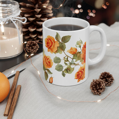 Blooming Elegance, Custom Orange Rose Mug 15oz, Coffee Cup, Custom Design, Flowers, Spring, Great Gift