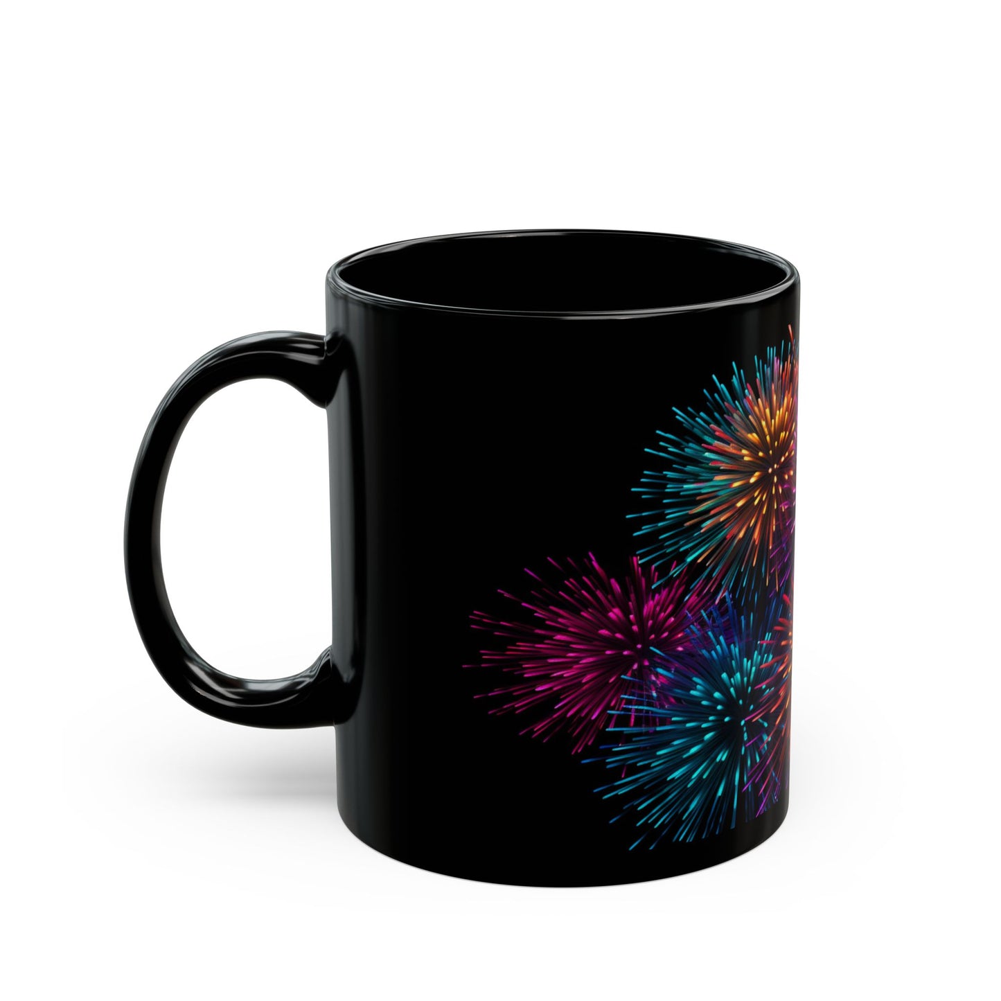 11oz Black Mug, mug, Fireworks, New years, Tea cup, Coffee cup, Coffee mug, Celebration, 2024, Party cup