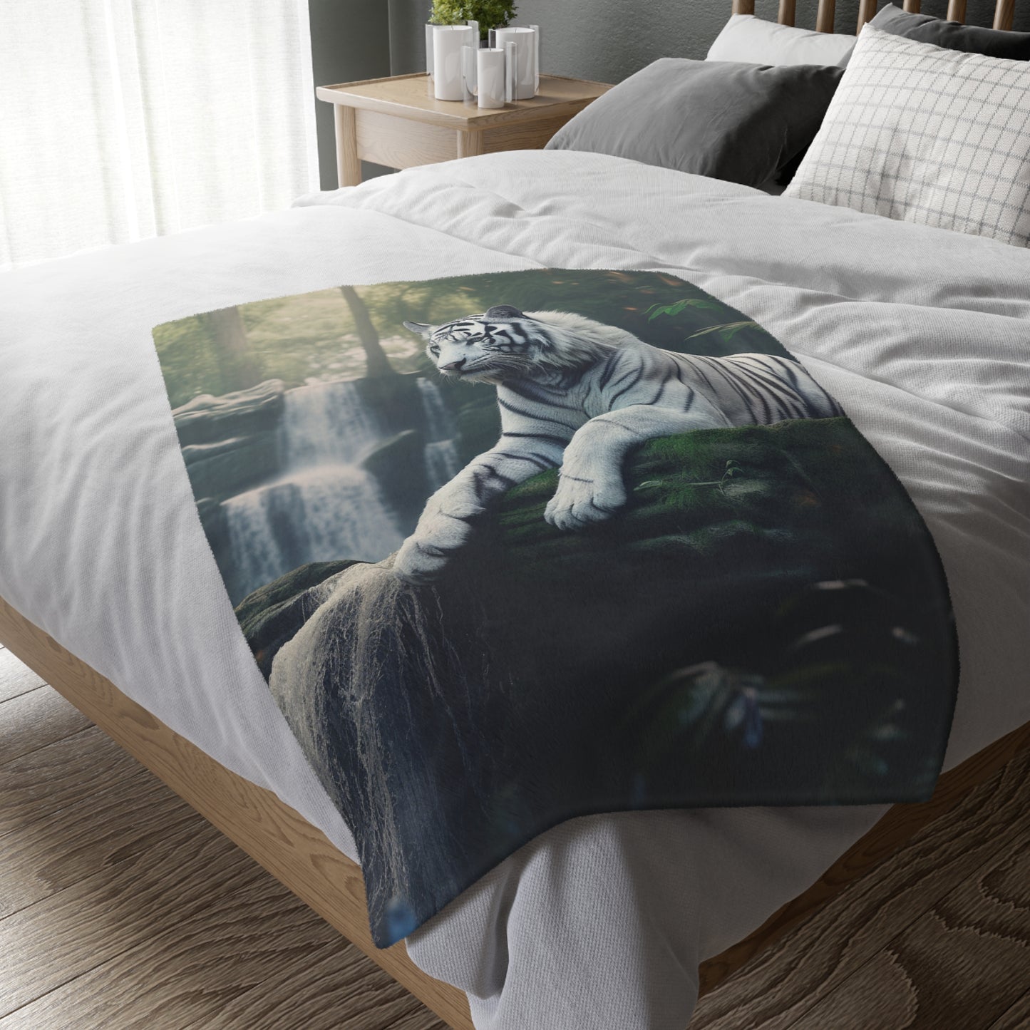 Velveteen Minky Blanket, Two-sided print, Comfortable, Artistic, Custom Made, Bed, Bedroom, White Tiger, Waterfall, Blankie, Soft Material