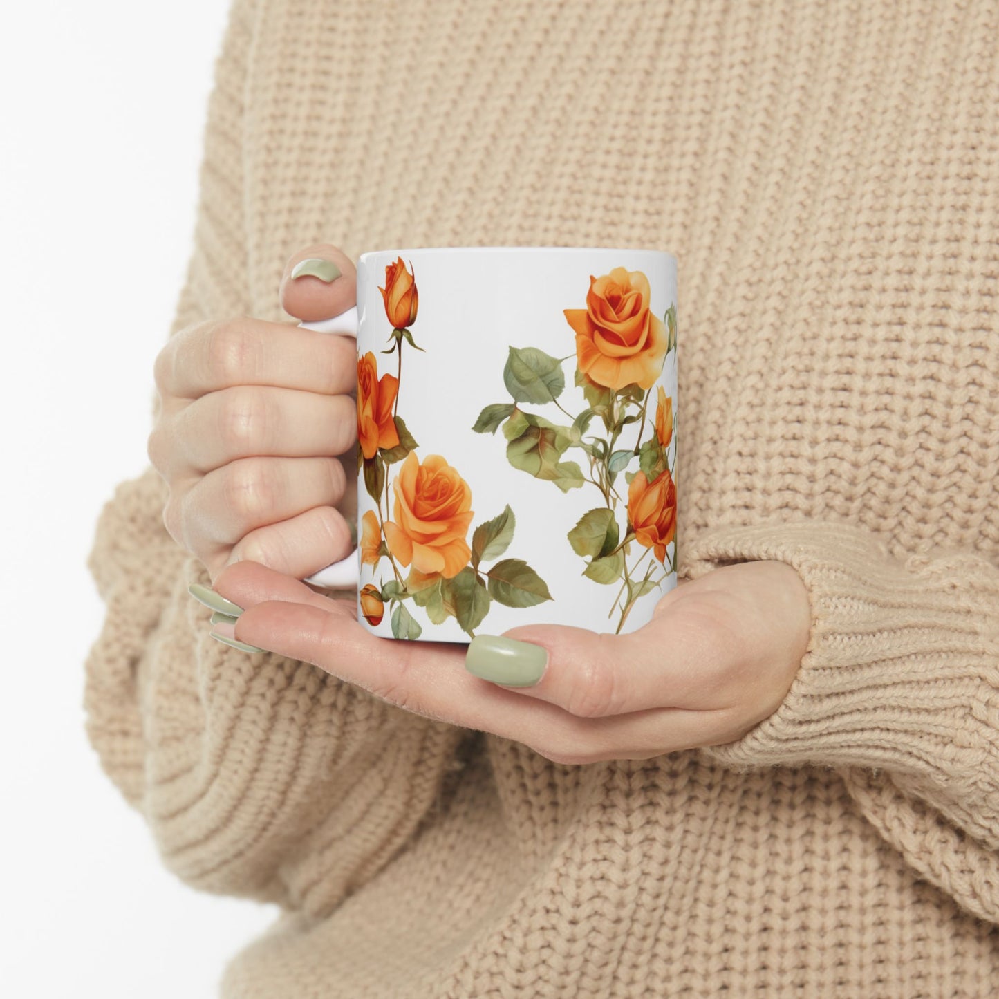 Blooming Elegance, Custom Orange Rose Mug 15oz, Coffee Cup, Custom Design, Flowers, Spring, Great Gift