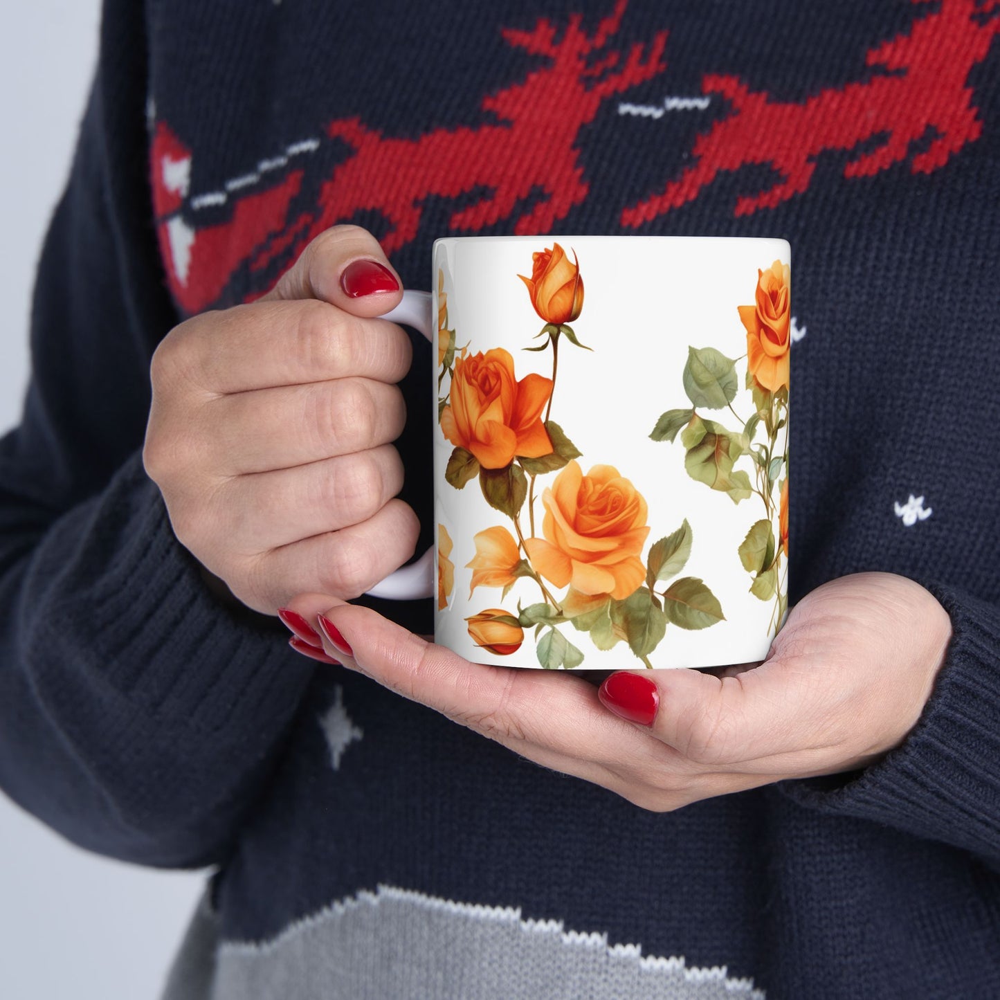 Blooming Elegance, Custom Orange Rose Mug 15oz, Coffee Cup, Custom Design, Flowers, Spring, Great Gift