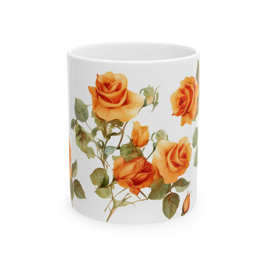 Blooming Elegance, Custom Orange Rose Mug 15oz, Coffee Cup, Custom Design, Flowers, Spring, Great Gift