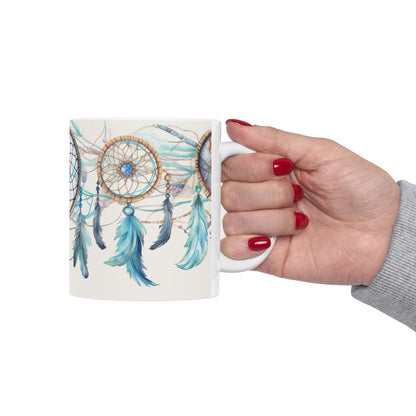 Blue Dreamcatcher, Ceramic Mug 11oz, Coffee Cup, Unique Art, Custom Designed Art, Great Gift, Indian Inspired Art