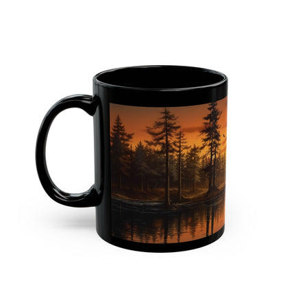 Sunrise, Art, Lake, Forest 11oz Black Mug, Custom Design, Artwork, Coffee cup, Gift,