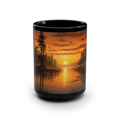 Sunrise, Art, Lake, Forest 11oz Black Mug, Custom Design, Artwork, Coffee cup, Gift,