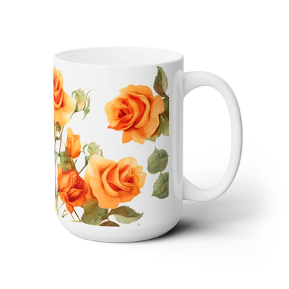 Blooming Elegance, Custom Orange Rose Mug 15oz, Coffee Cup, Custom Design, Flowers, Spring, Great Gift