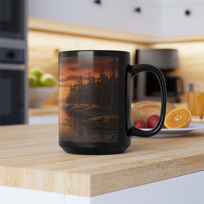 Sunrise, Art, Lake, Forest 11oz Black Mug, Custom Design, Artwork, Coffee cup, Gift,