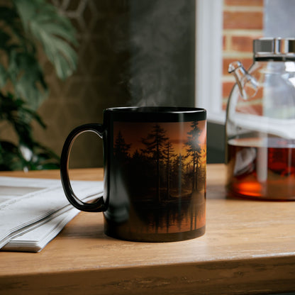 Sunrise, Art, Lake, Forest 11oz Black Mug, Custom Design, Artwork, Coffee cup, Gift,