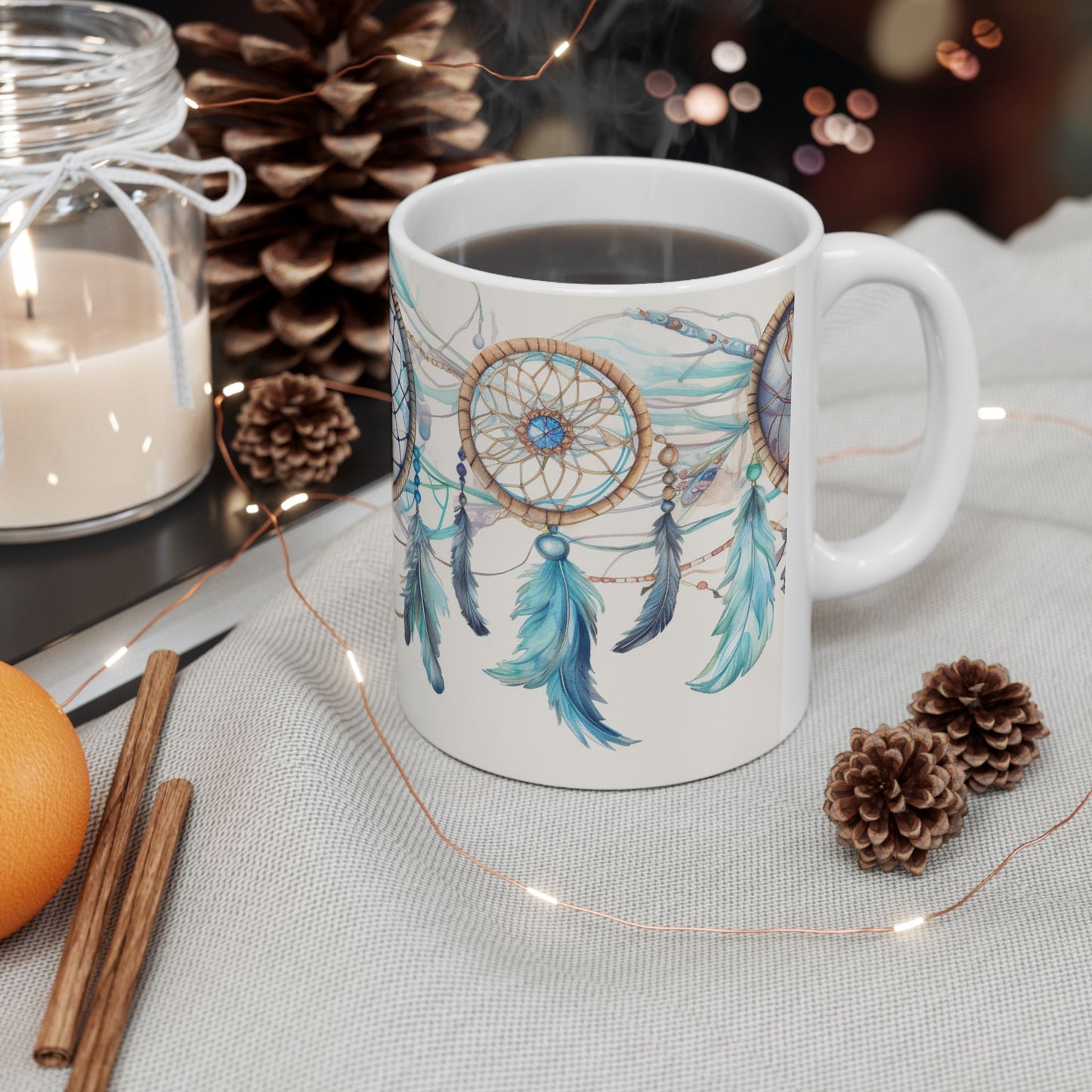 Blue Dreamcatcher, Ceramic Mug 11oz, Coffee Cup, Unique Art, Custom Designed Art, Great Gift, Indian Inspired Art