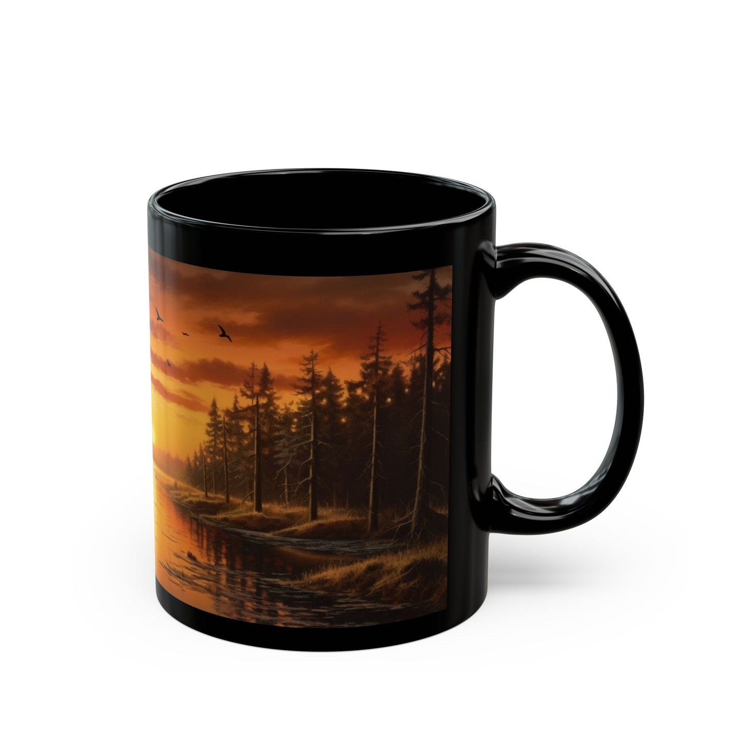 Sunrise, Art, Lake, Forest 11oz Black Mug, Custom Design, Artwork, Coffee cup, Gift,