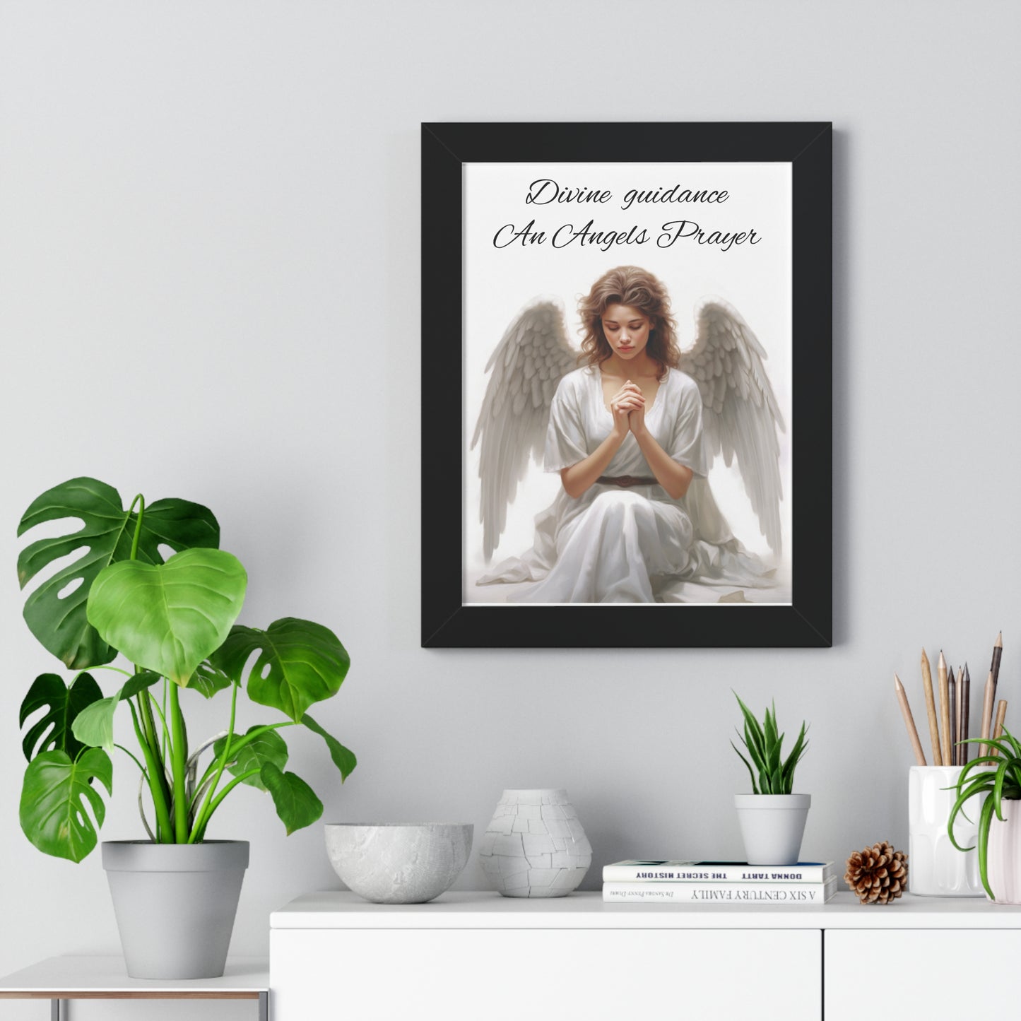 Framed Vertical Poster Religious Artwork Wall art Church Angel Wings Prayer Realistic Art God Heaven Inspired Grace Custom Design