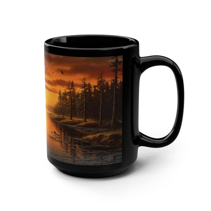 Sunrise, Art, Lake, Forest 11oz Black Mug, Custom Design, Artwork, Coffee cup, Gift,