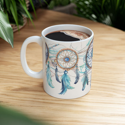 Blue Dreamcatcher, Ceramic Mug 11oz, Coffee Cup, Unique Art, Custom Designed Art, Great Gift, Indian Inspired Art