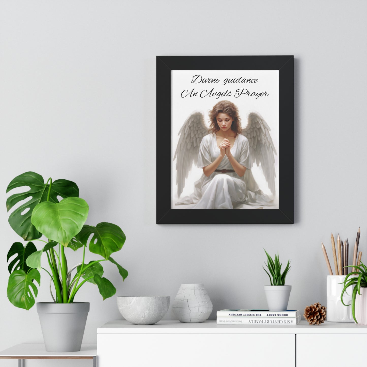 Framed Vertical Poster Religious Artwork Wall art Church Angel Wings Prayer Realistic Art God Heaven Inspired Grace Custom Design