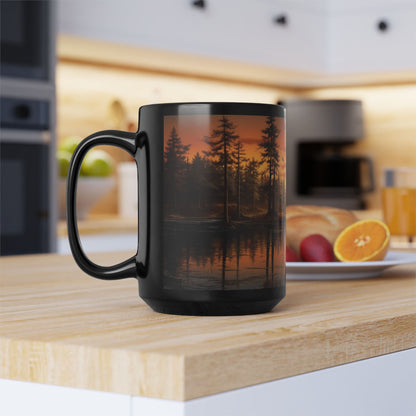 Sunrise, Art, Lake, Forest 11oz Black Mug, Custom Design, Artwork, Coffee cup, Gift,