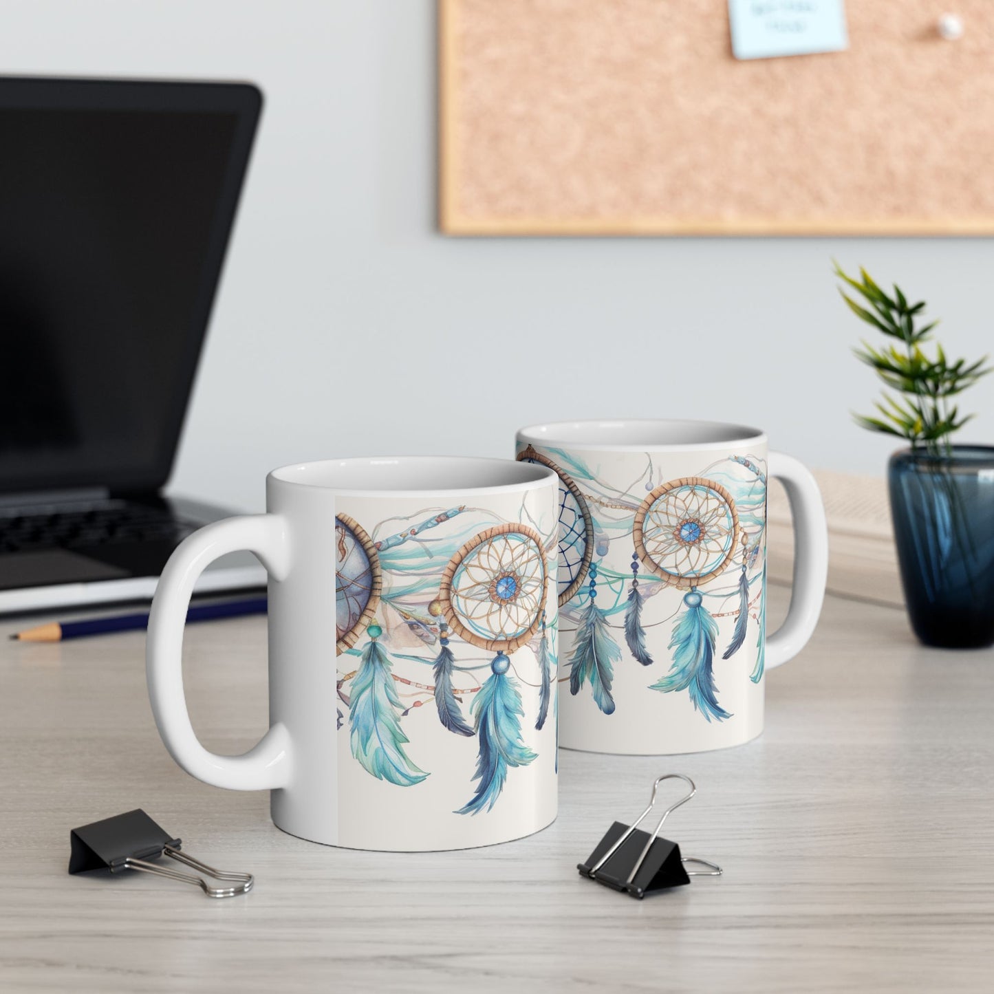 Blue Dreamcatcher, Ceramic Mug 11oz, Coffee Cup, Unique Art, Custom Designed Art, Great Gift, Indian Inspired Art