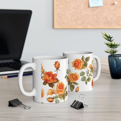 Blooming Elegance, Custom Orange Rose Mug 15oz, Coffee Cup, Custom Design, Flowers, Spring, Great Gift