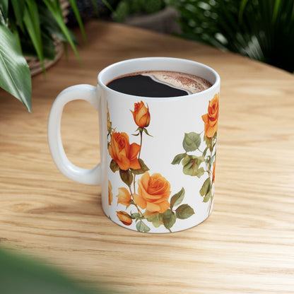 Blooming Elegance, Custom Orange Rose Mug 15oz, Coffee Cup, Custom Design, Flowers, Spring, Great Gift