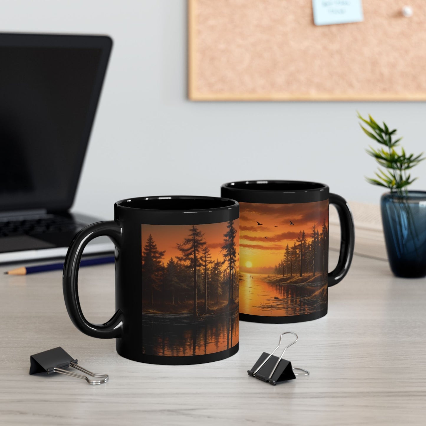 Sunrise, Art, Lake, Forest 11oz Black Mug, Custom Design, Artwork, Coffee cup, Gift,