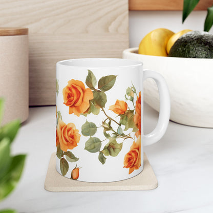 Blooming Elegance, Custom Orange Rose Mug 15oz, Coffee Cup, Custom Design, Flowers, Spring, Great Gift