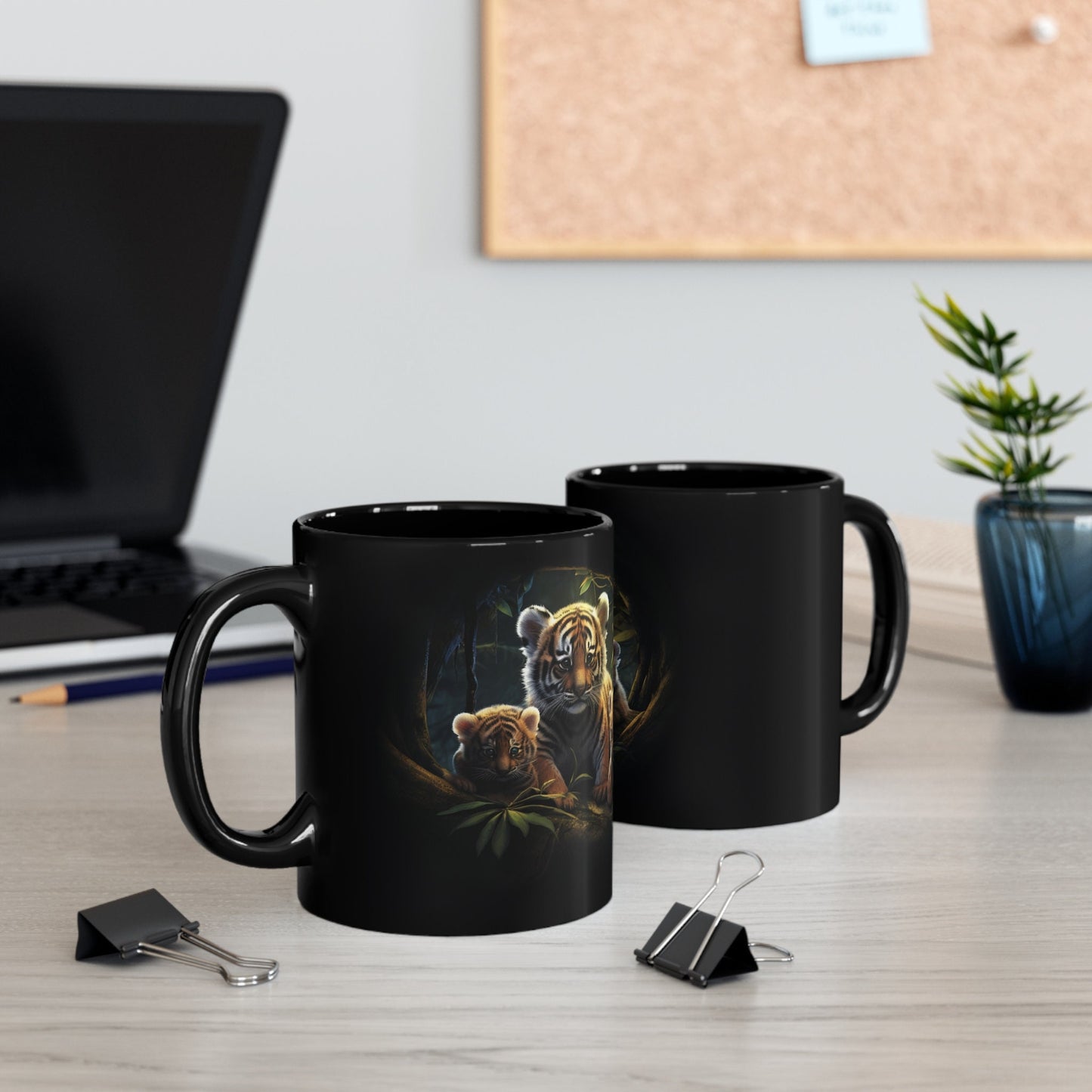 "Tiger Cubs in the Jungle" Black Ceramic Mug – 11oz