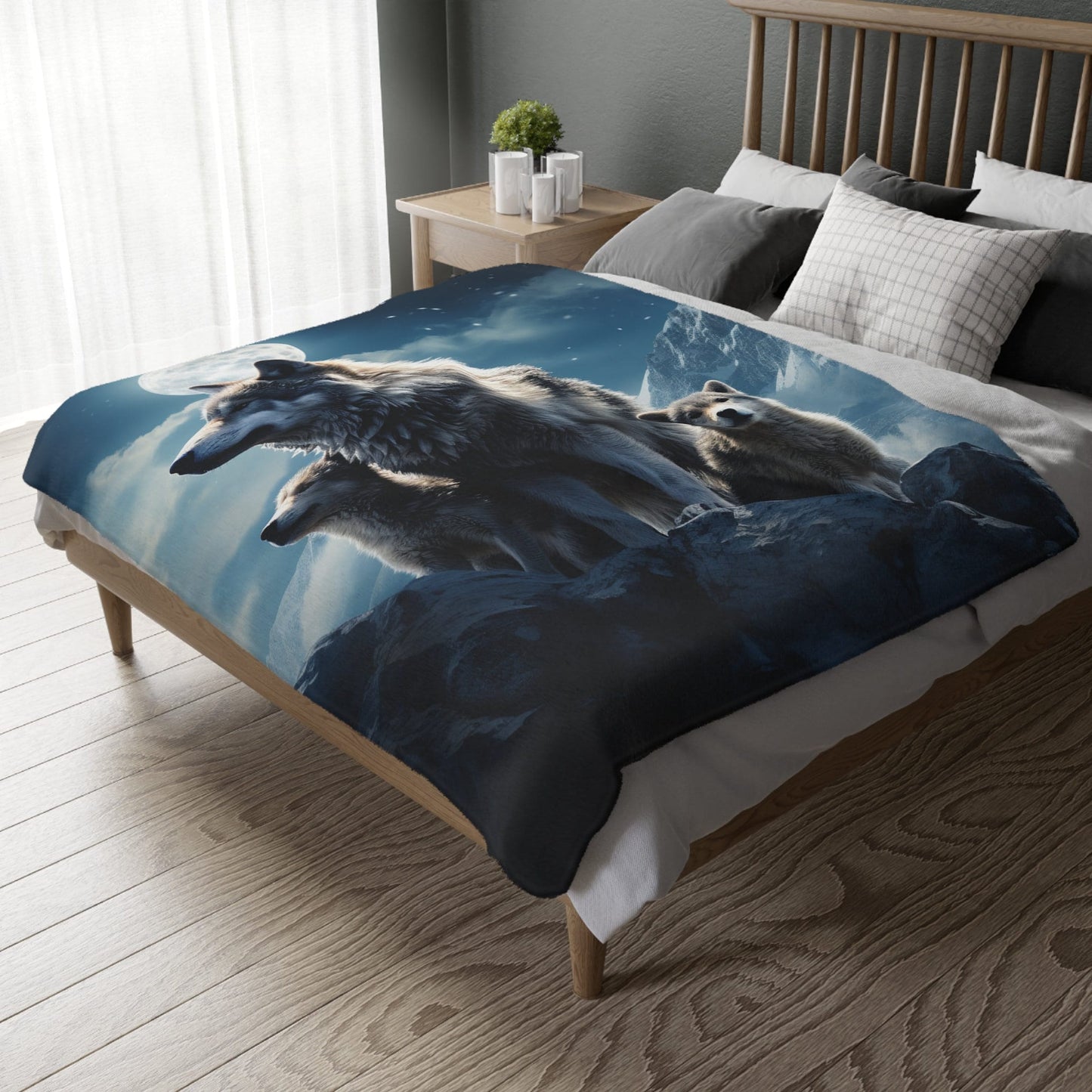 Serene Wolves Moon Blanket – Indian-Inspired Bed Cover with Wolf Cubs