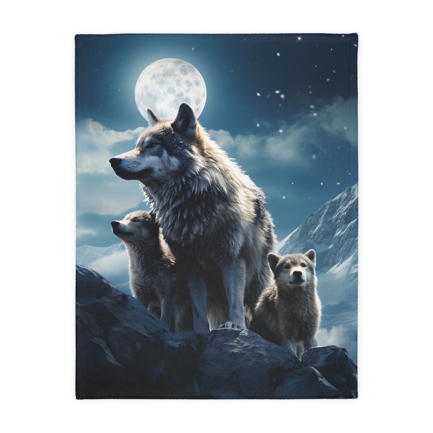 Serene Wolves Moon Blanket – Indian-Inspired Bed Cover with Wolf Cubs