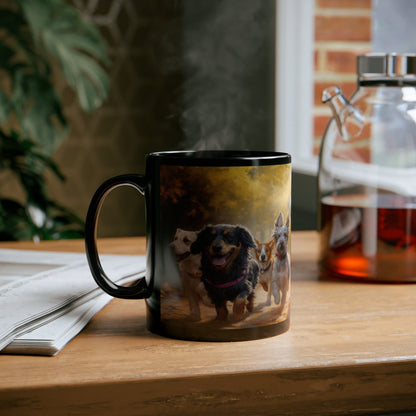 "Autumn Frolic: Playful Paws in the Fall" 11oz Black Mug