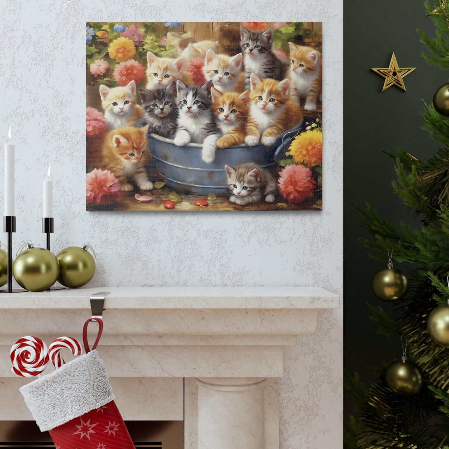 "Purr-fect Harmony: Kittens in Bloom" Canvas Wall Art