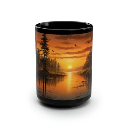 "Lake's Tranquil Awakening" Black Ceramic Mug – 15oz