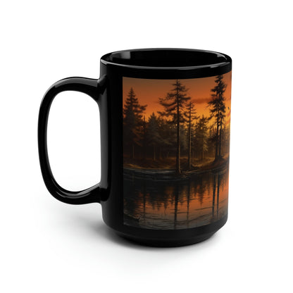 "Lake's Tranquil Awakening" Black Ceramic Mug – 15oz