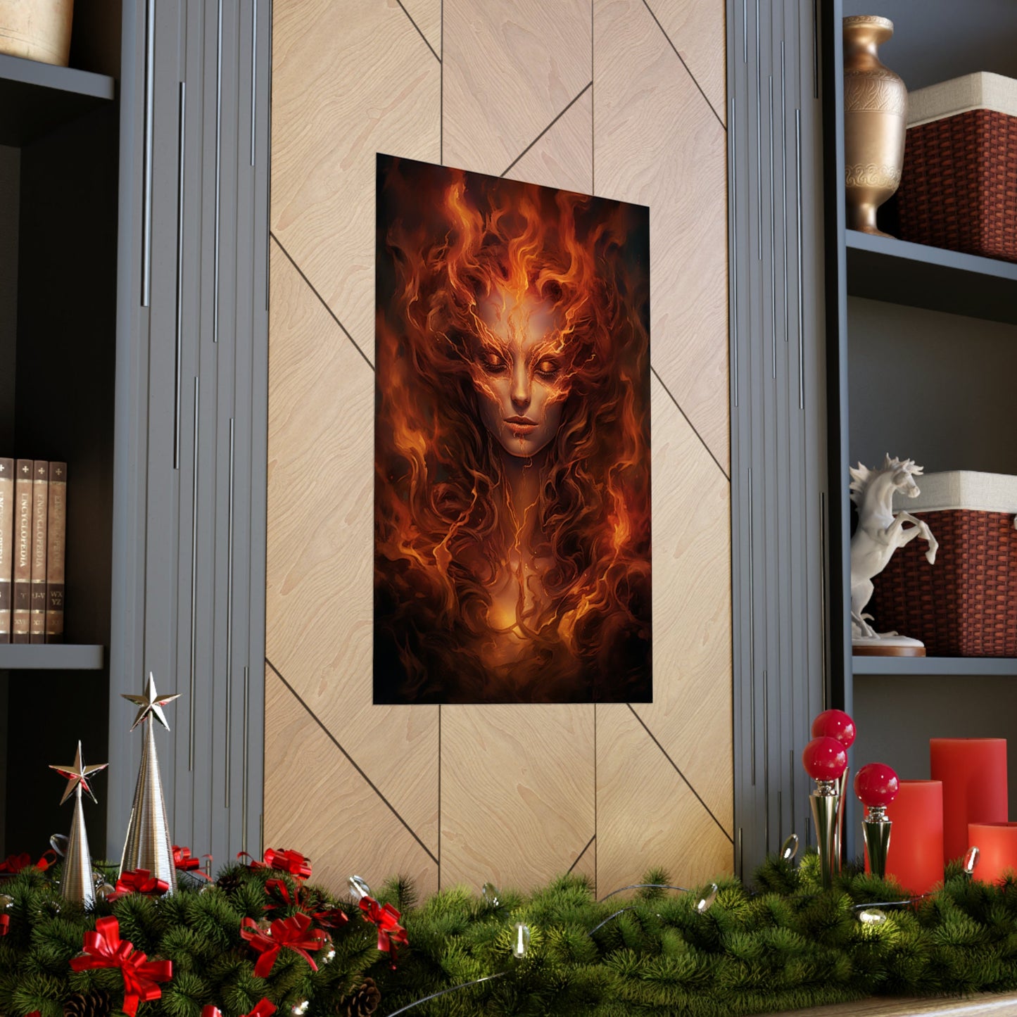 Fire Angel Abstract Poster – Unique Flame Wall Art Featuring a Fiery Woman Design