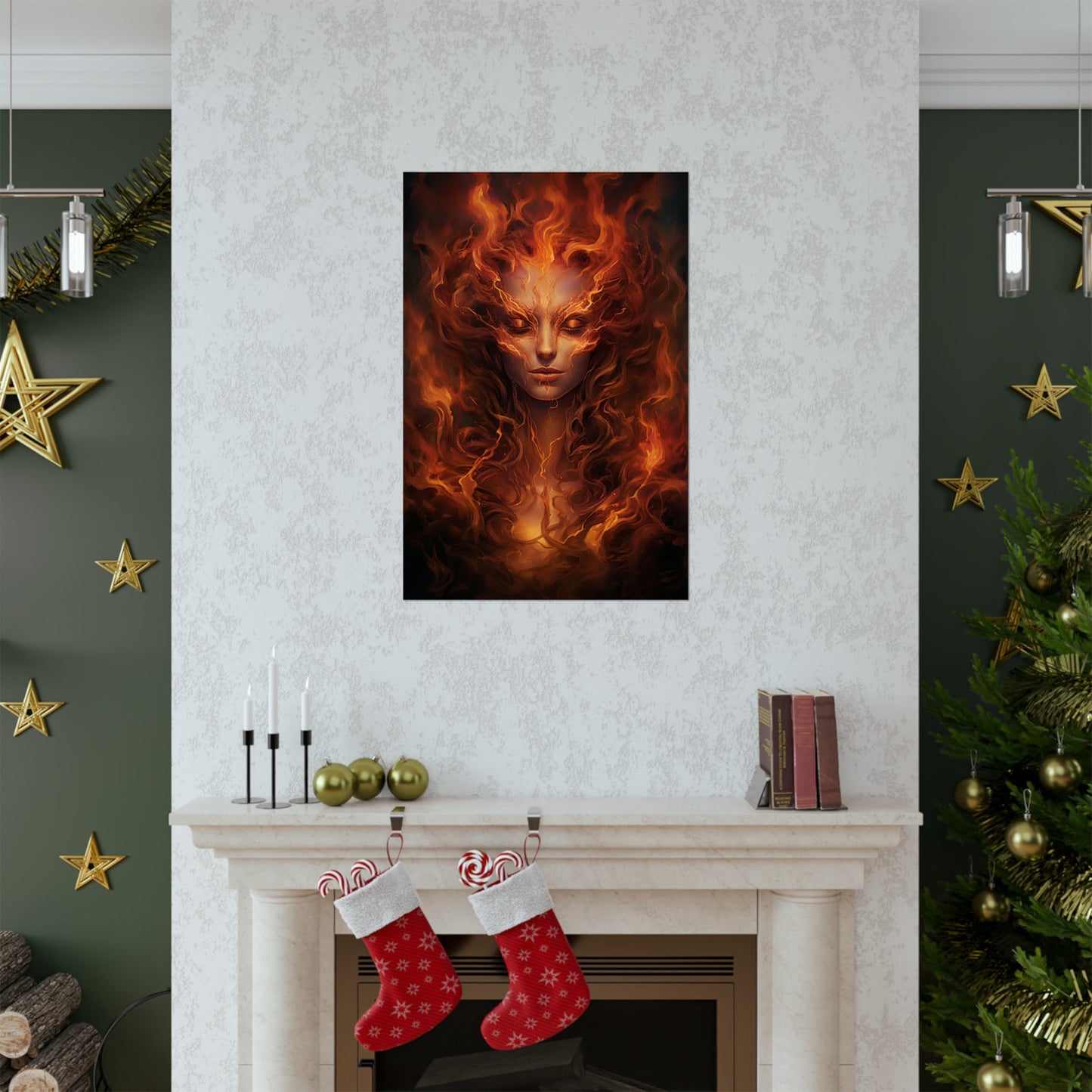 Fire Angel Abstract Poster – Unique Flame Wall Art Featuring a Fiery Woman Design