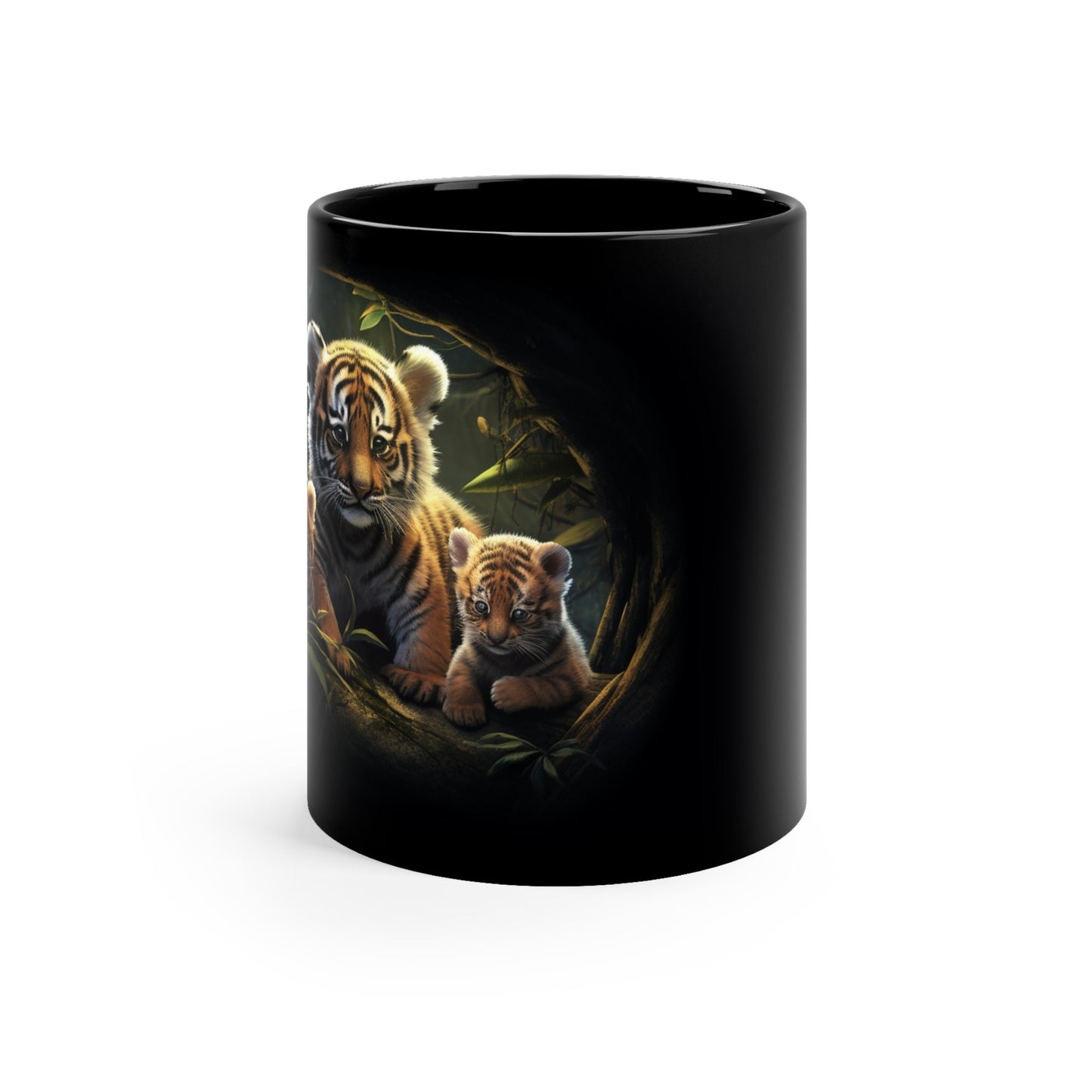 "Tiger Cubs in the Jungle" Black Ceramic Mug – 11oz