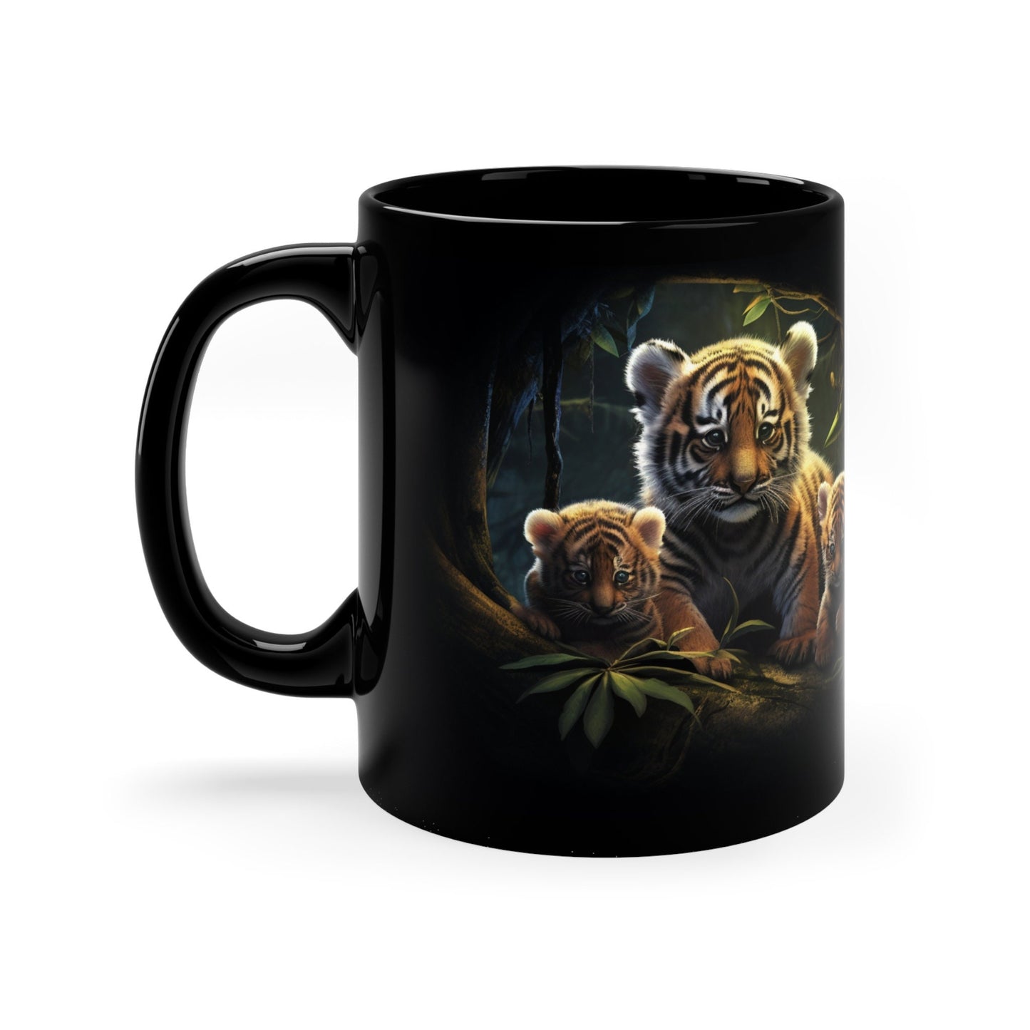 "Tiger Cubs in the Jungle" Black Ceramic Mug – 11oz