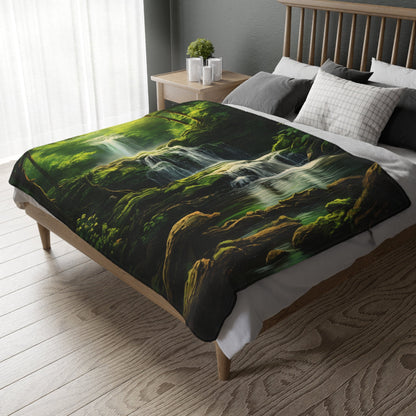 "Serenity Cascades: Abstract Forest Waterfall" Velveteen Minky Blanket